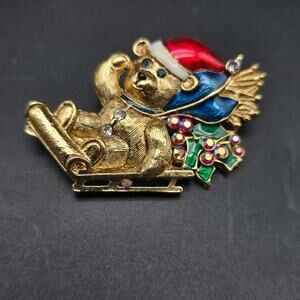 1928 Brand Christmas Brooch Teddy Bear in Sleigh Vintage Jewelry